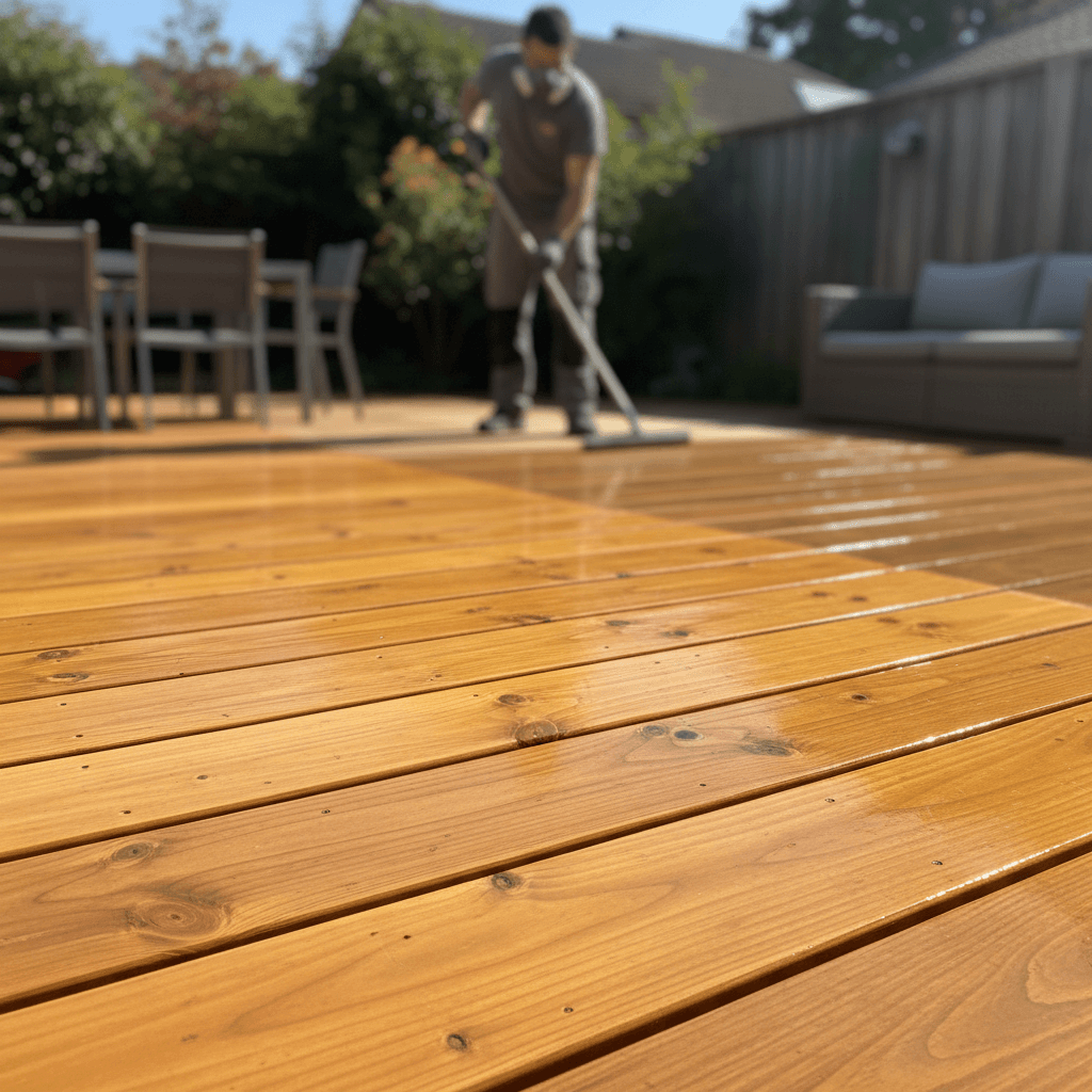 Professionally restored wooden deck with rich stain finish and protective sealant