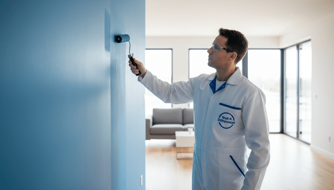 Painter in uniform applying blue paint to a wall with precision