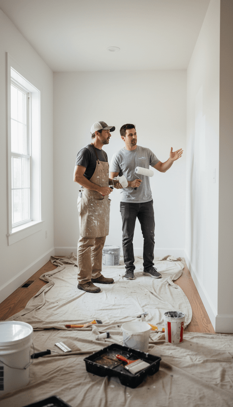 Two professional painters working together on interior painting project