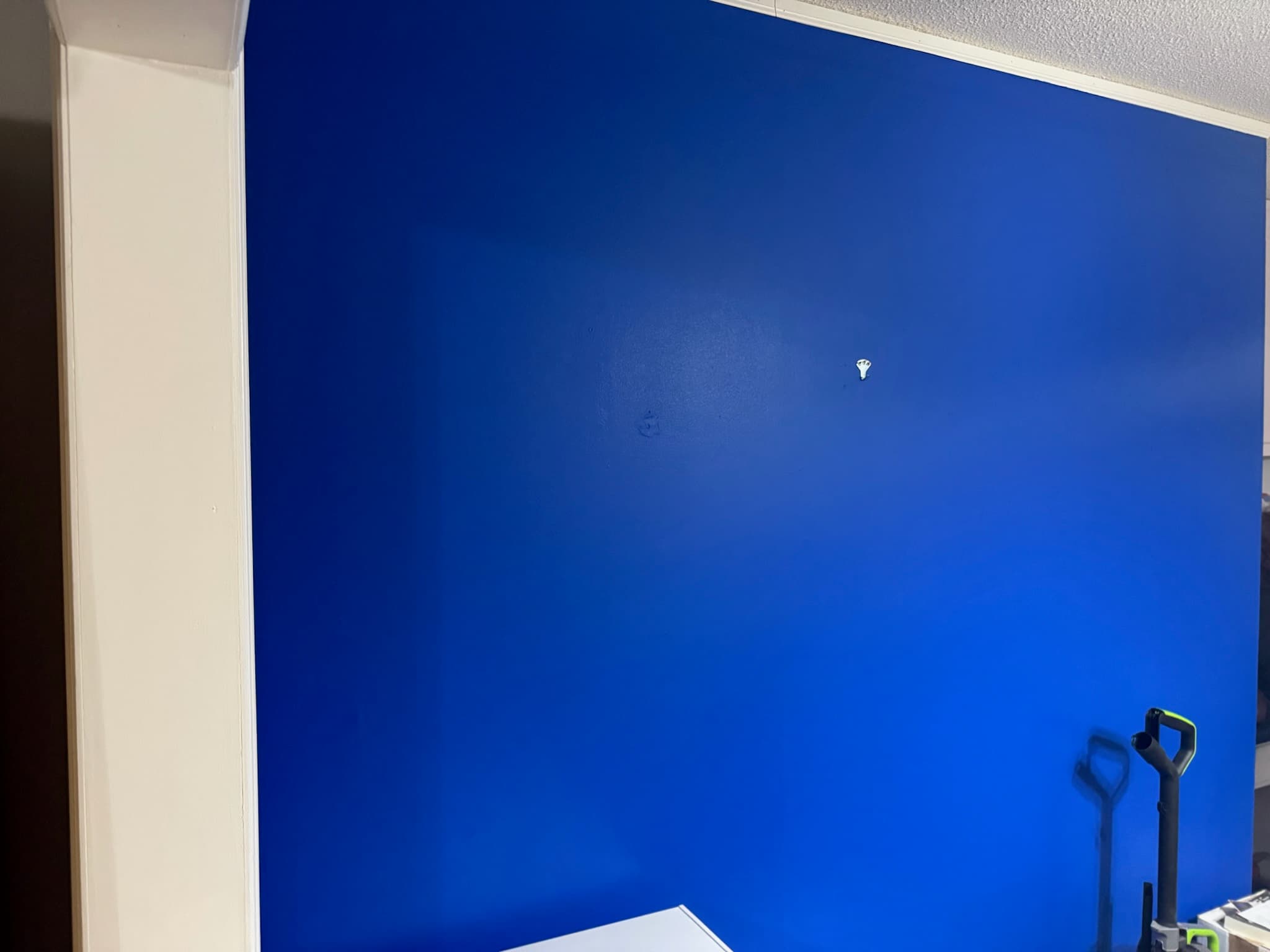 Vibrant blue wall with white trim, a small hook, and a black tool handle.